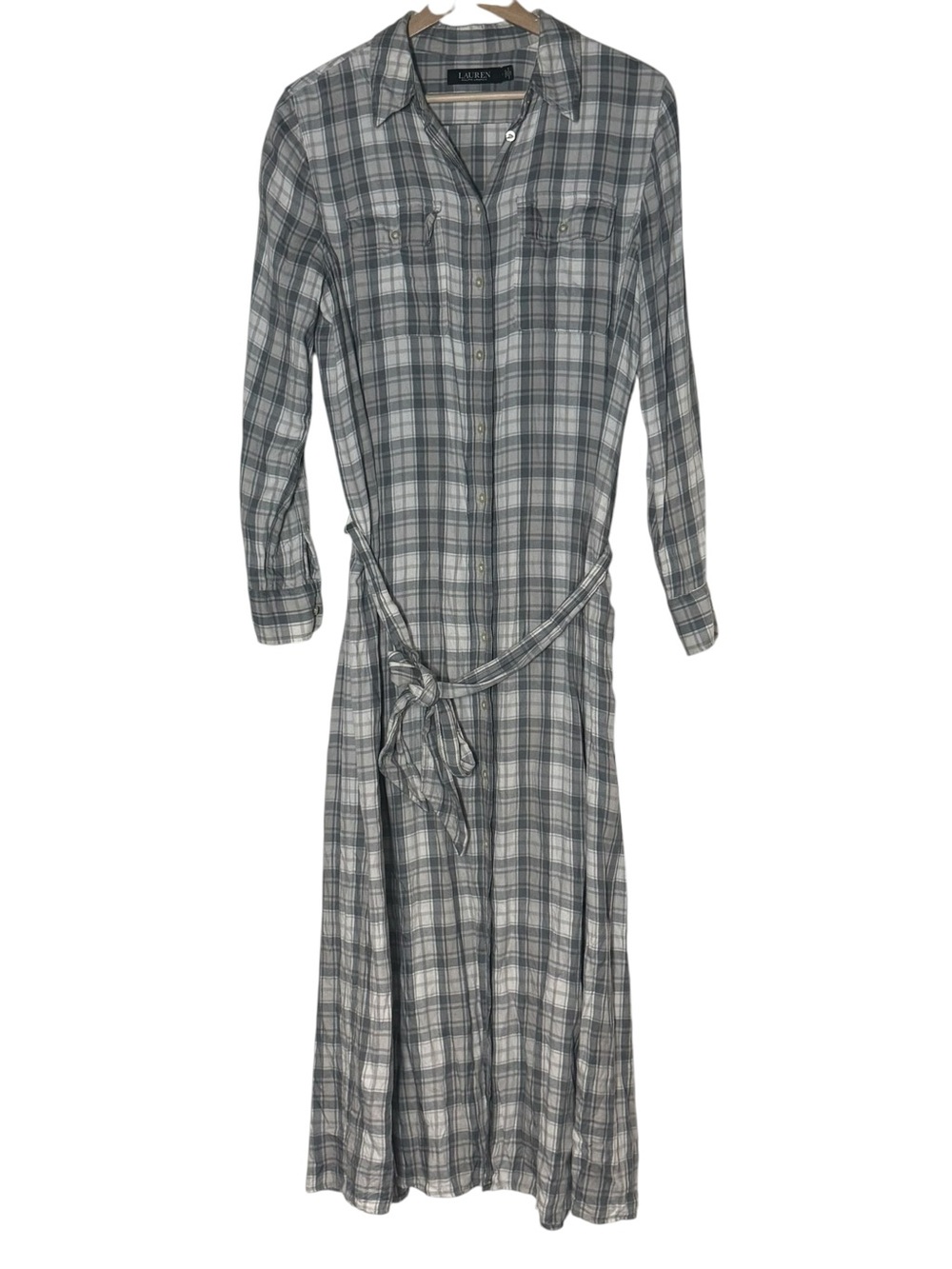 Lauren Ralph Lauren Plaid Button Up Belted Midi Shirt Dress Size 4 Gray Preppy